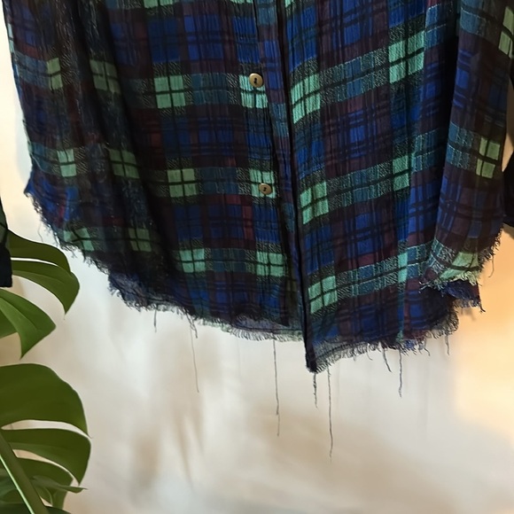FREE PEOPLE | FP Plaid Blue and Green Motif Hand Dyed Flannel Button Up Shirt - Picture 5 of 9